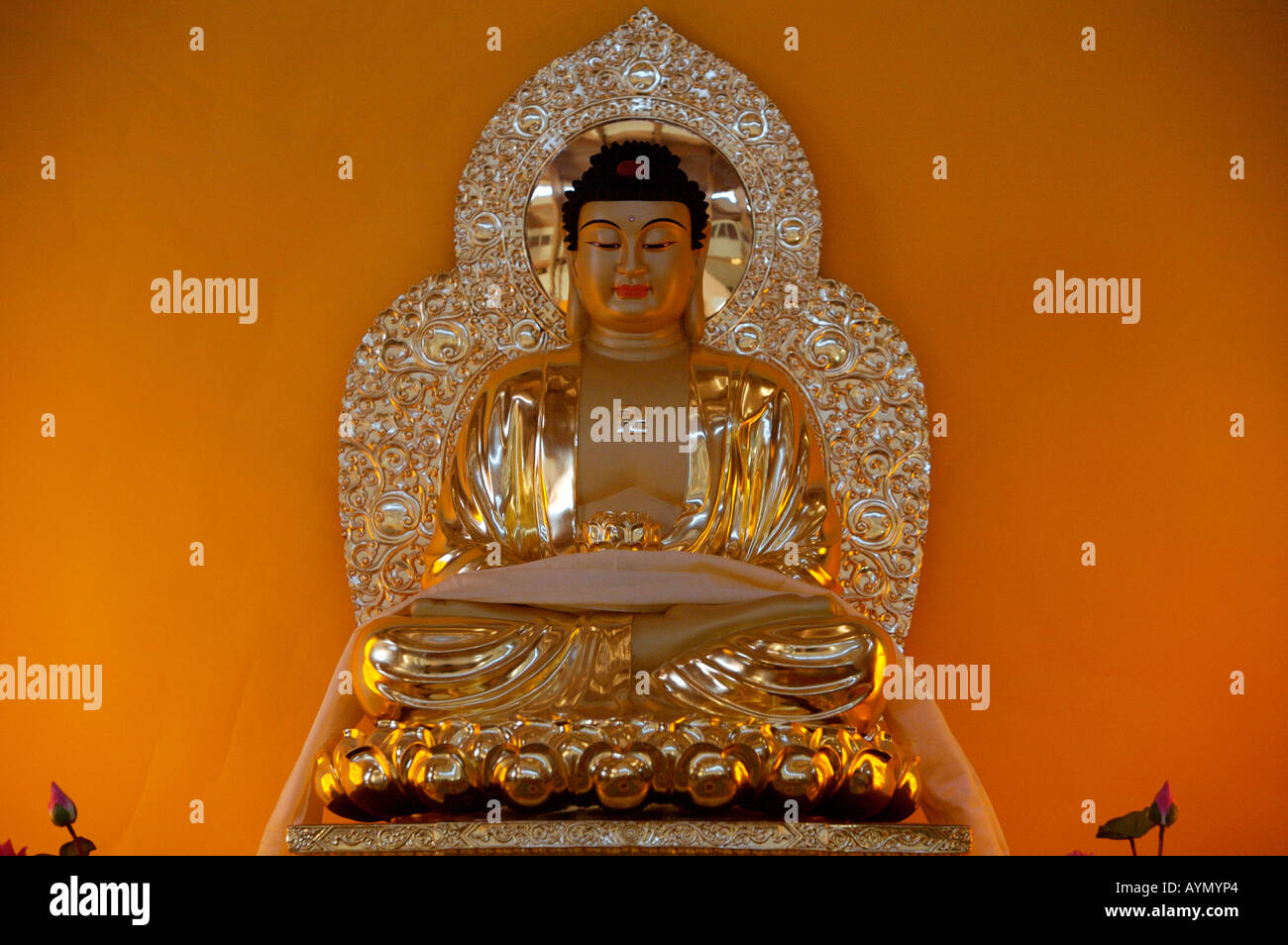 Buddha statue with indian swastika, Chuang-yen Monastery, New York, USA Stock Photo