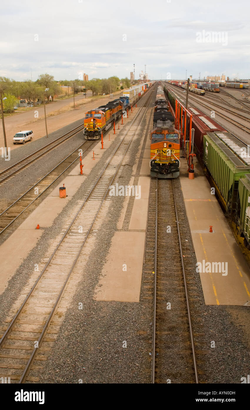 Two westbound BNSF Railway trains pull up to the fuel rack at Clovis ...