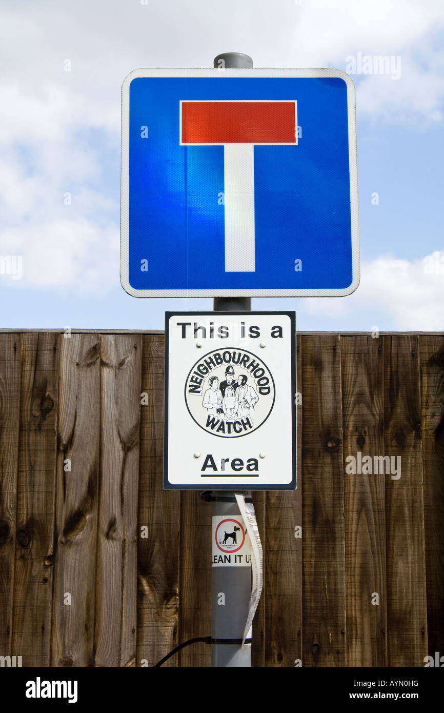 Neighbourhood Watch and No Through Road signs, UK. Stock Photo