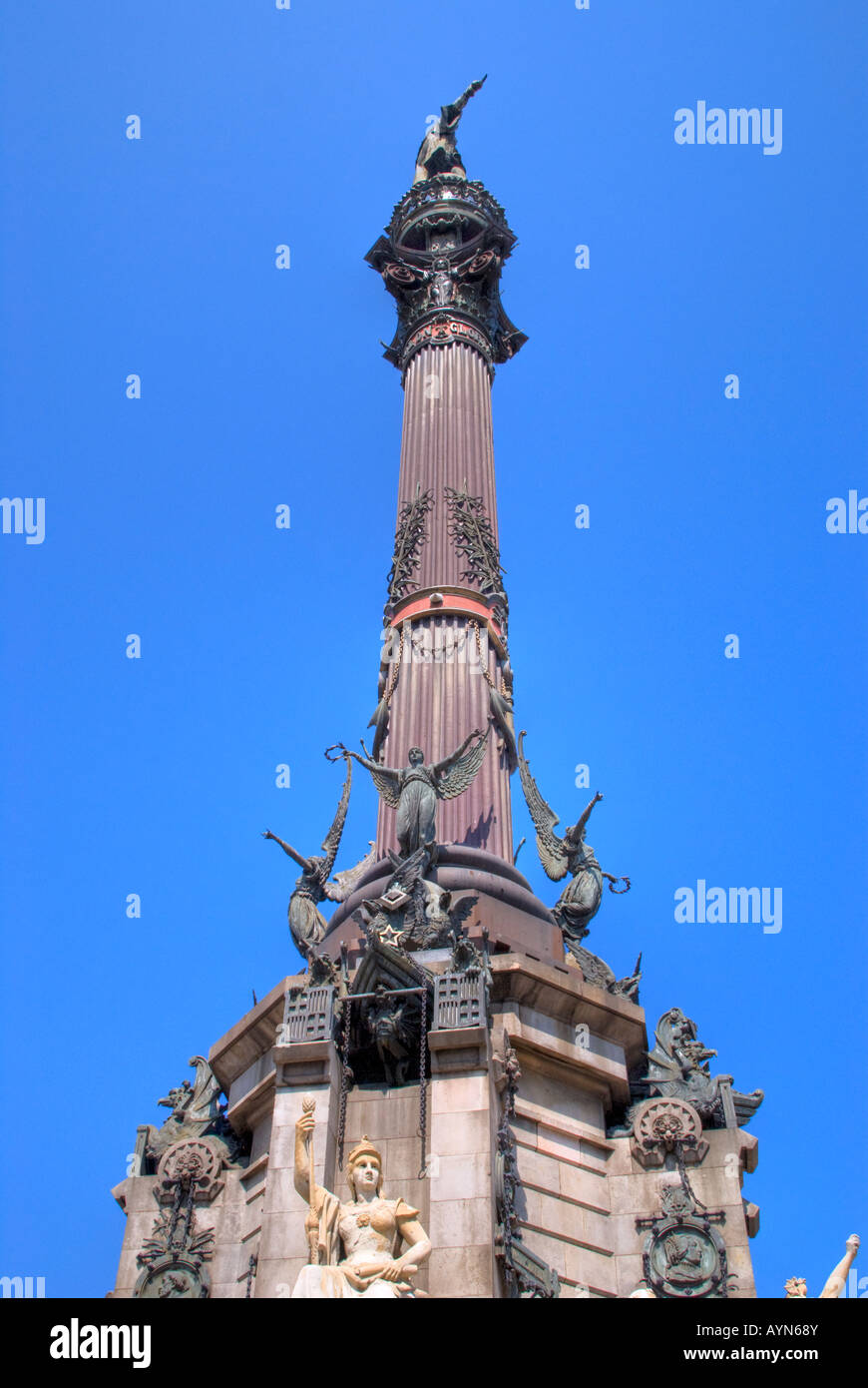 Monument and Column, Christopher Columbus 1888 Barcelona Situated near the harbour at the end of La Rambla Stock Photo