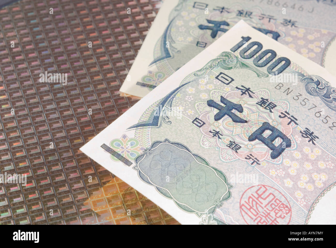 Two thousand Chinese RMB on a high technology silicon microchip wafer ...