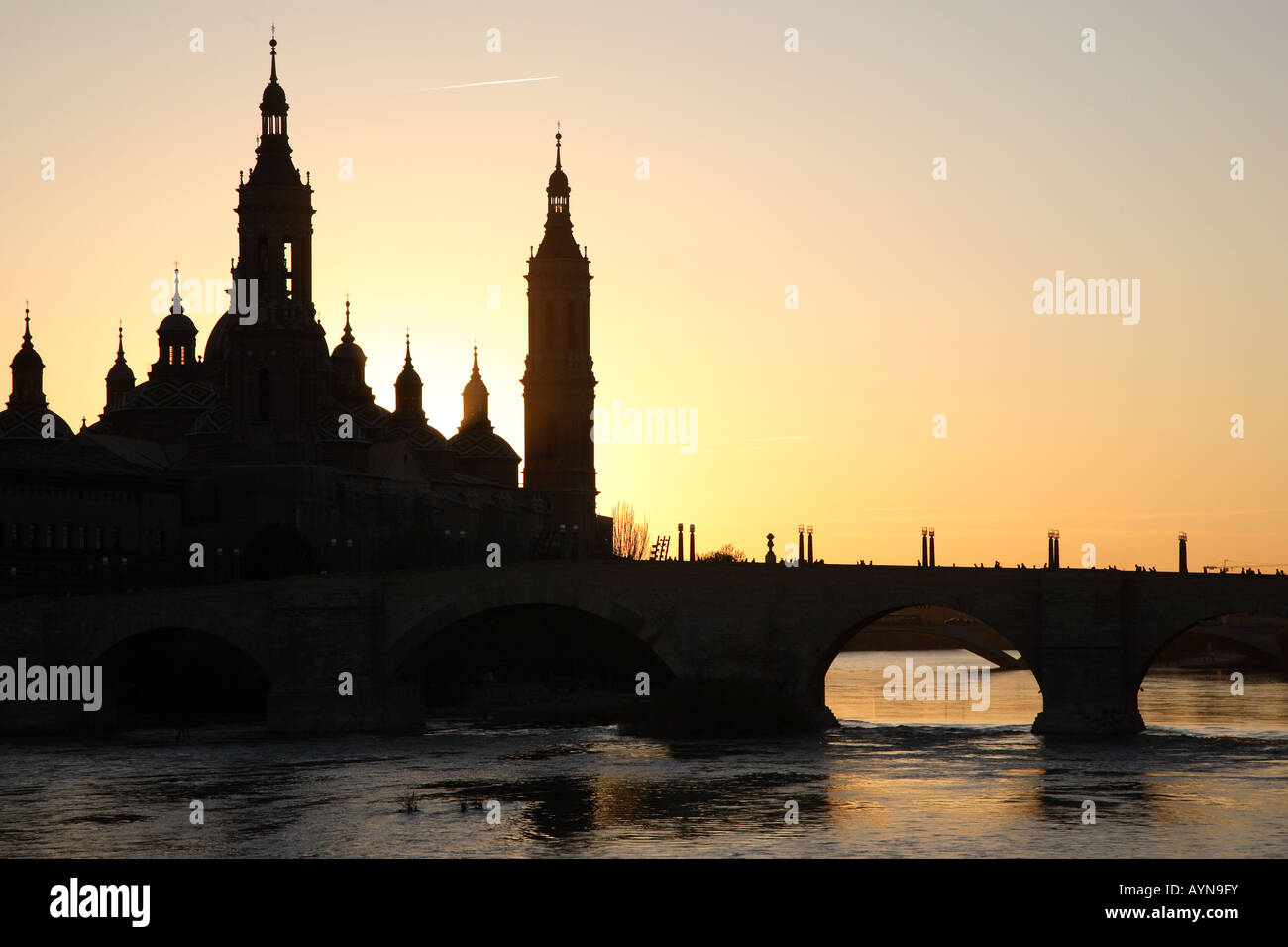 View of Basilica de Nuestra Senora del Pilar from a Bridge of the River Ebro, Zaragoza, Spain Stock Photo