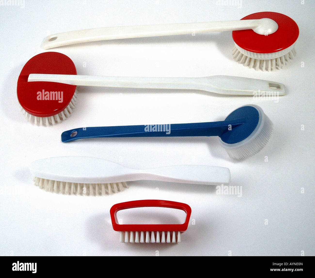 household, cleaning, brushes, synthetic material, set, produced by Konsum Buerstenfabrik Stuetzengruen, GDR, early 1960s, Stock Photo