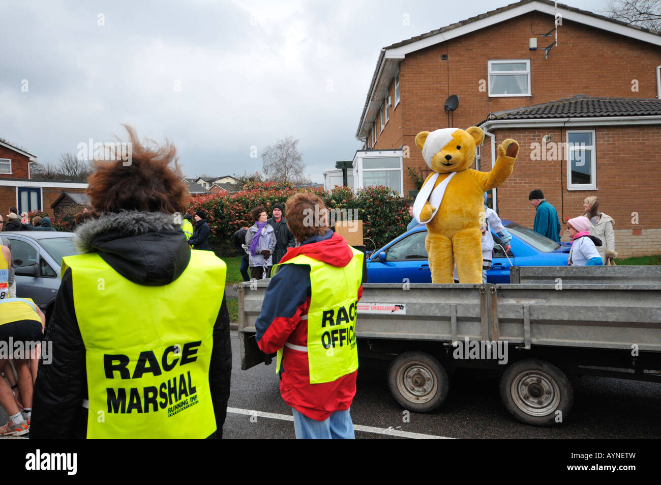 Pudsey bear waving at start of Dronfield 10k run Sheffield South