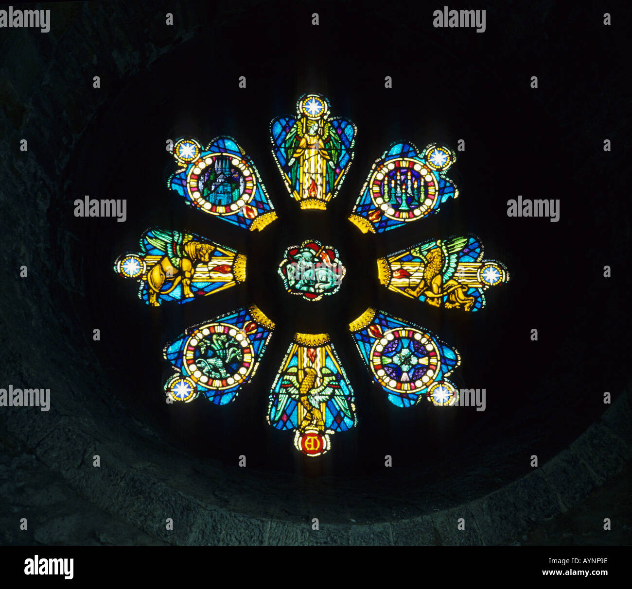 Stained glass window Lady Chapel Saint Davids Cathedral Dyfed Wales UK