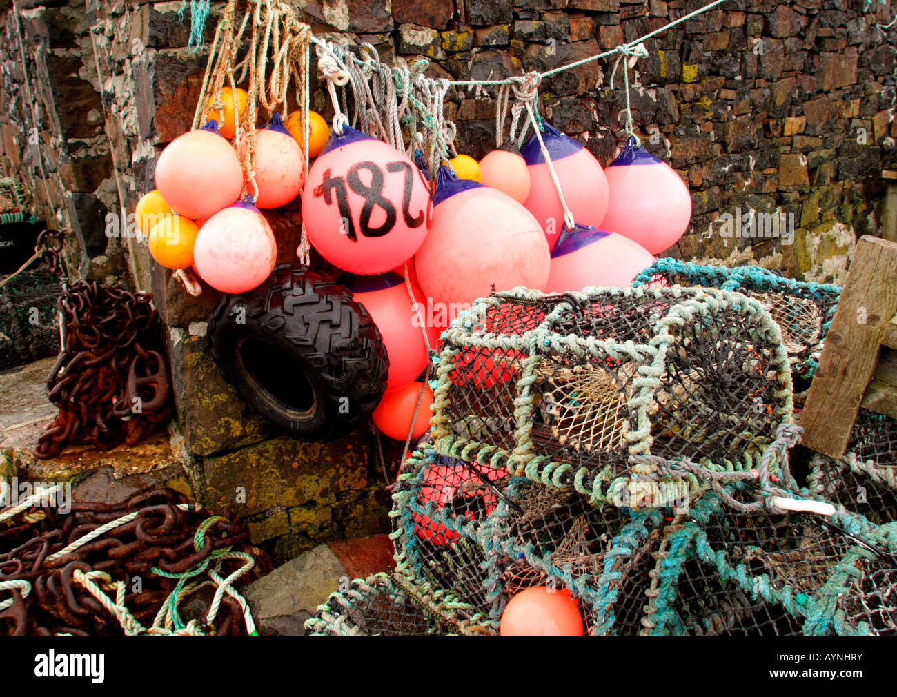 crab pots and buoys, Scotland Stock Photo Alamy