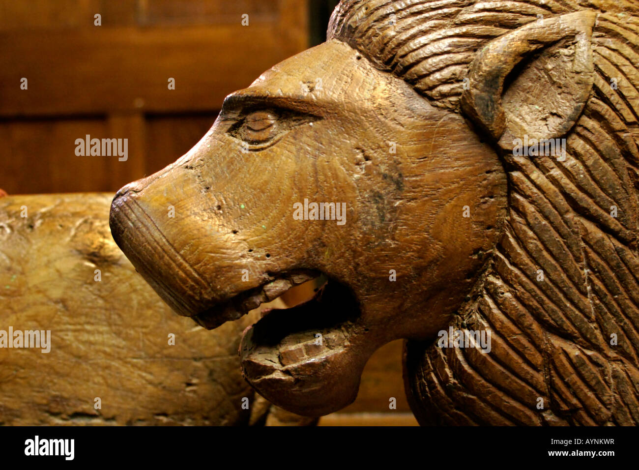 Carved wooden lion in an import store Stock Photo