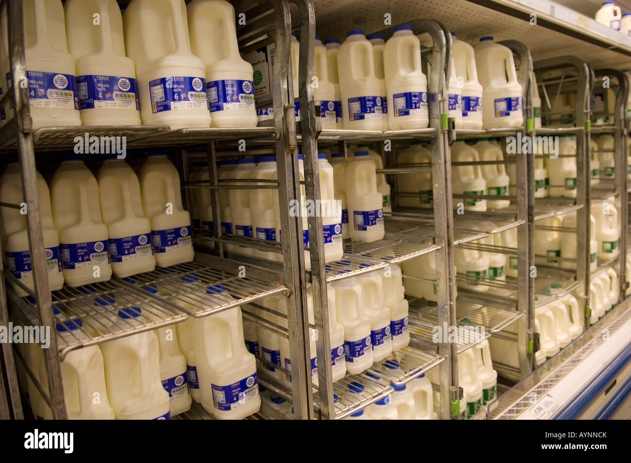 Plastic bottles of milk in supermarket fridge Manchester UK Stock Photo