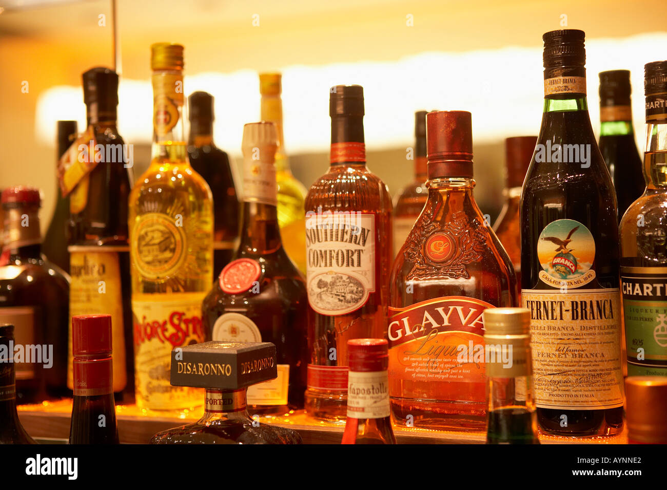 SELECTION OF SCOTCH WHISKY BOTTLES AND LIQUORS ON GLASS SHELVES IN BAR