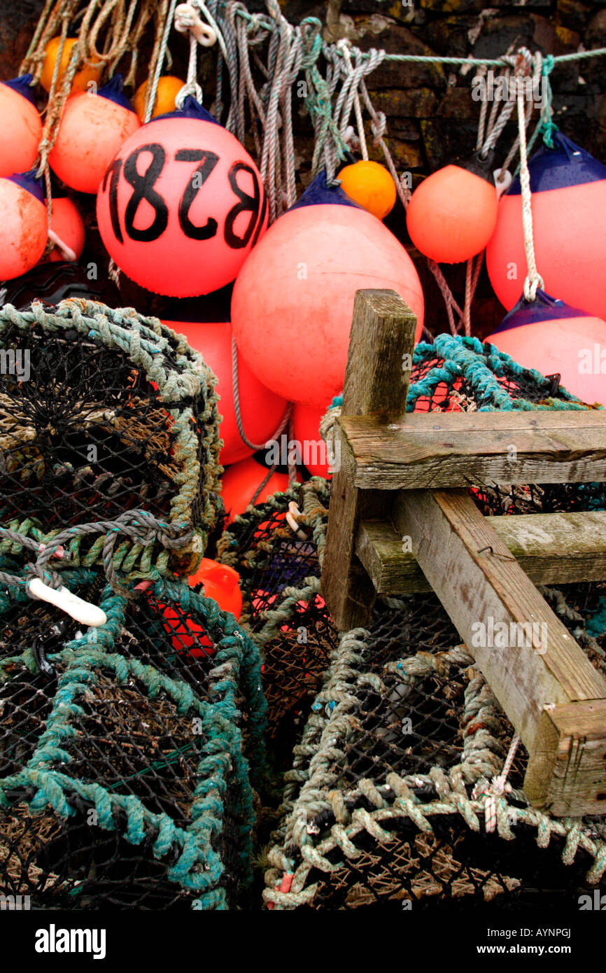 crab pots and buoys, Scotland Stock Photo Alamy