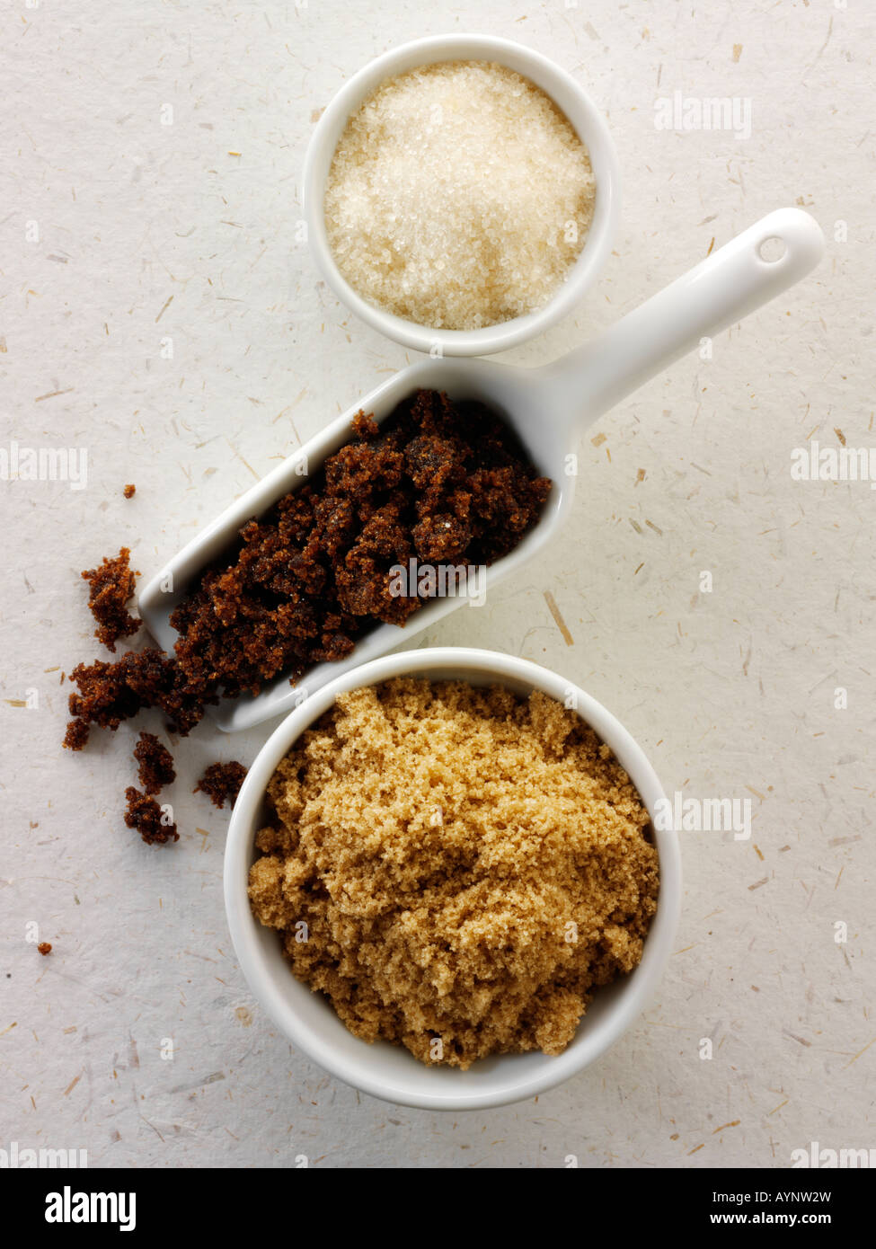 Raw sugar - from top - golden, Moscavado and demorera Stock Photo