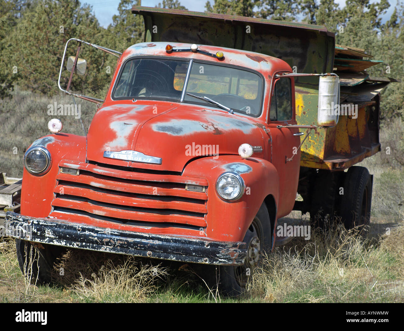 USA OREGON A 1946 Chevrolet dump truck in a field near Terrebonne Stock Photo