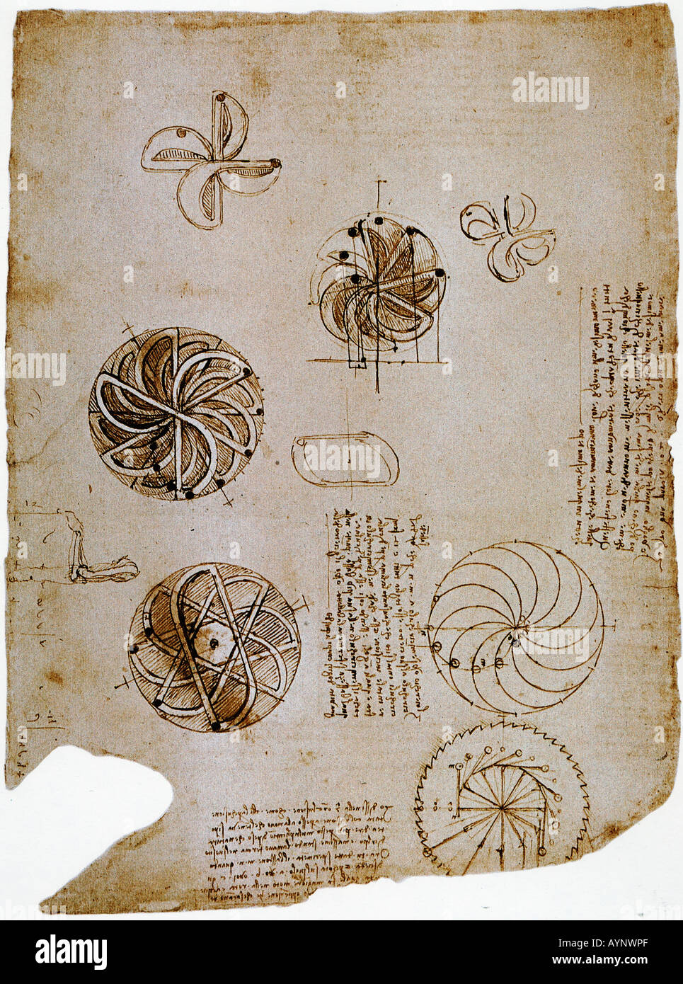 Drawings and notes on perpetual motion ca. 1495 pen and ink Stock Photo
