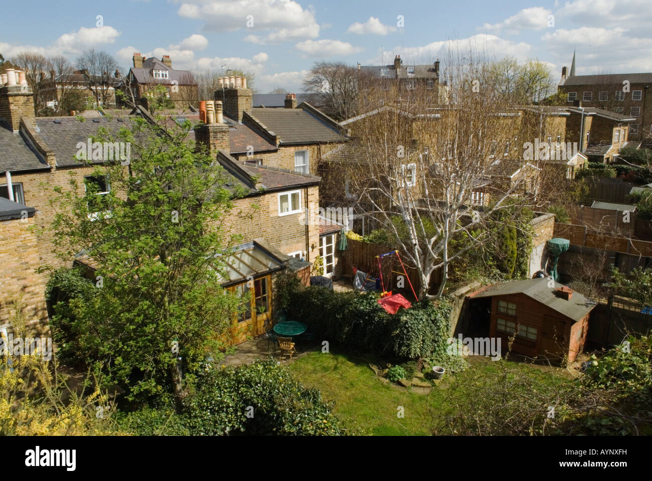 Victorian terrace row family homes their back gardens. Blackheath South east London UK 2000s HOMER SYKES Stock Photo