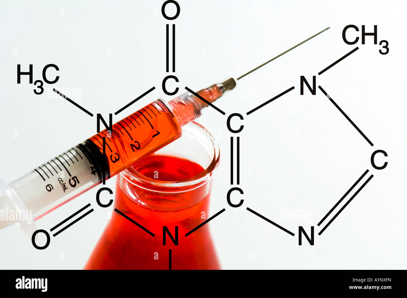 Erlenmeyer flask and hypodermic needle with chemical symbol