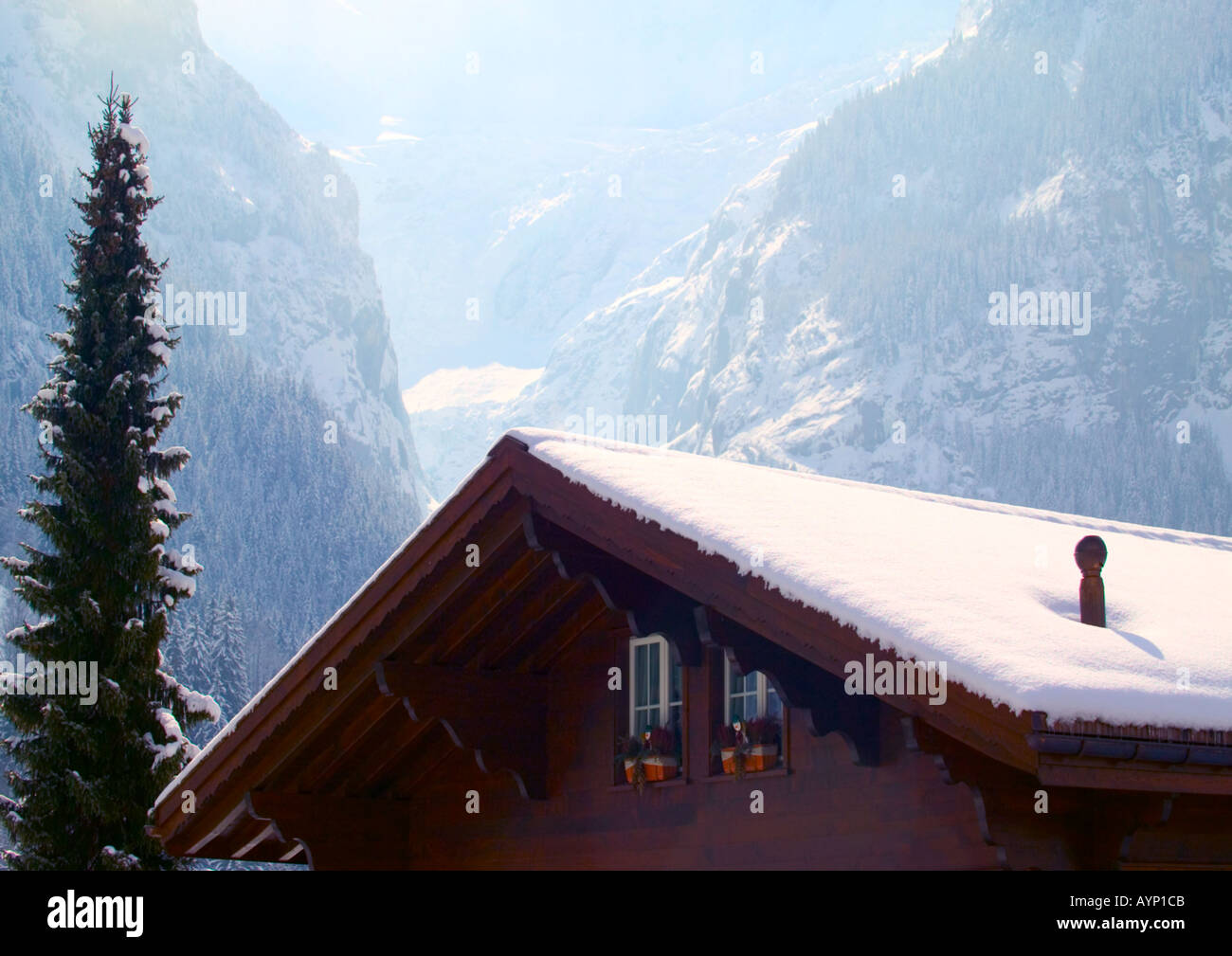 snow on chalet roof in grindelwald switzerland Stock Photo Alamy