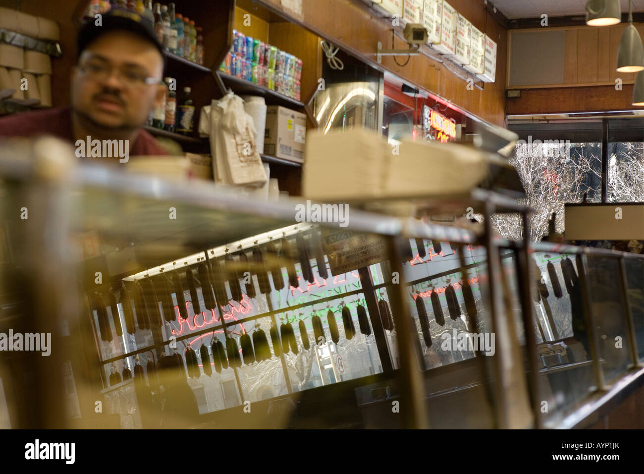 Hanging salami at Katz's Deli lower east side New York City Stock Photo