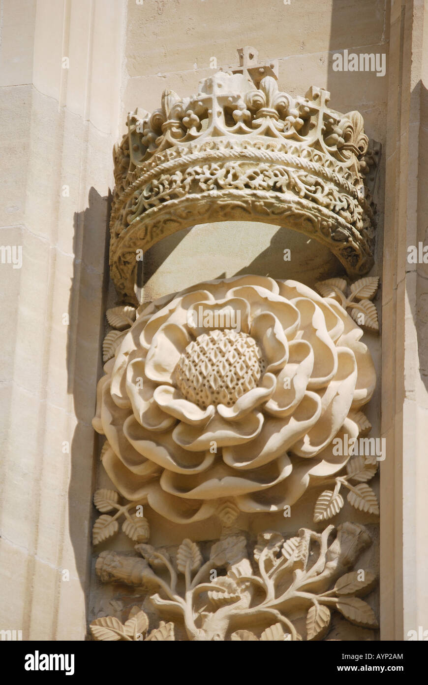 Crown and Tudor rose carving, King's College Chapel, King's College, Cambridge, Cambridgeshire, England, United Kingdom Stock Photo