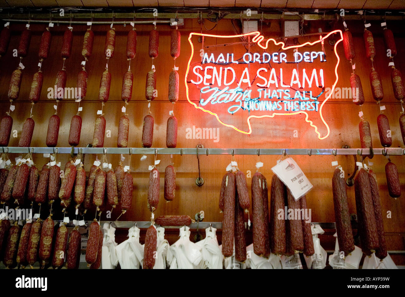 Hanging salami at Katz