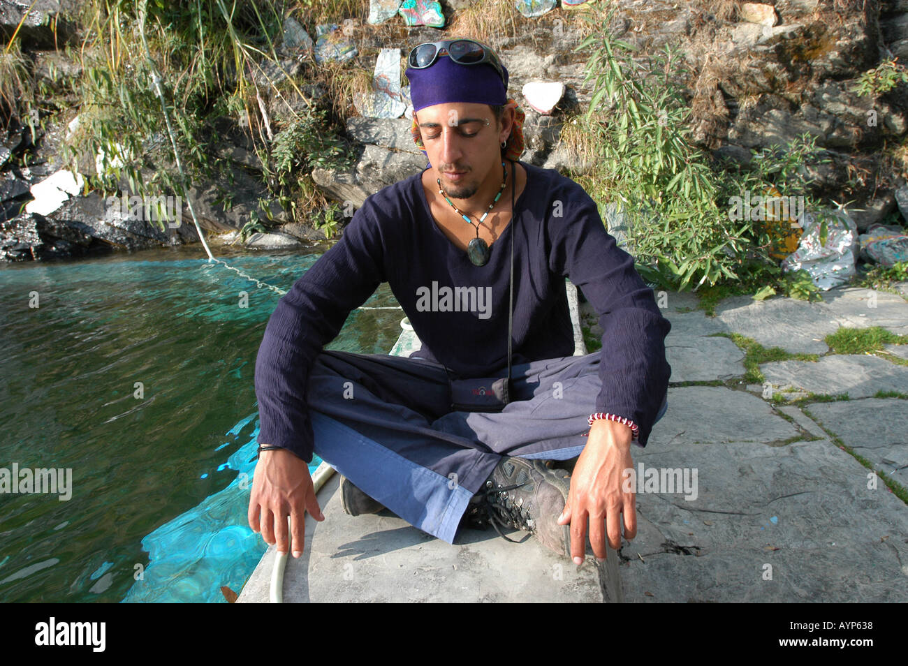 Israeli man meditating at Shiva Cafe Dharamsala India Stock Photo
