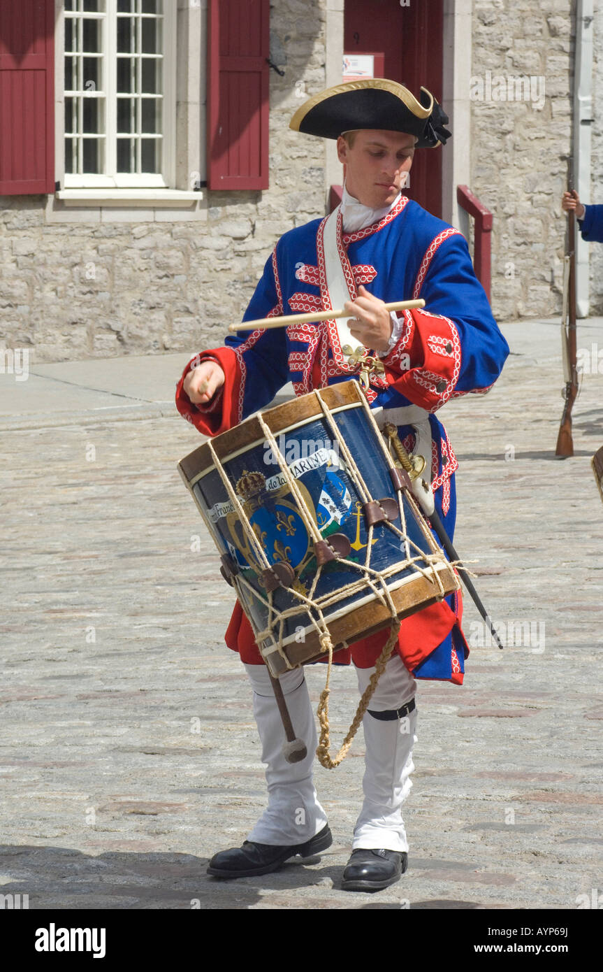 Colonial French army reenactor portraying a drummer in 18th century