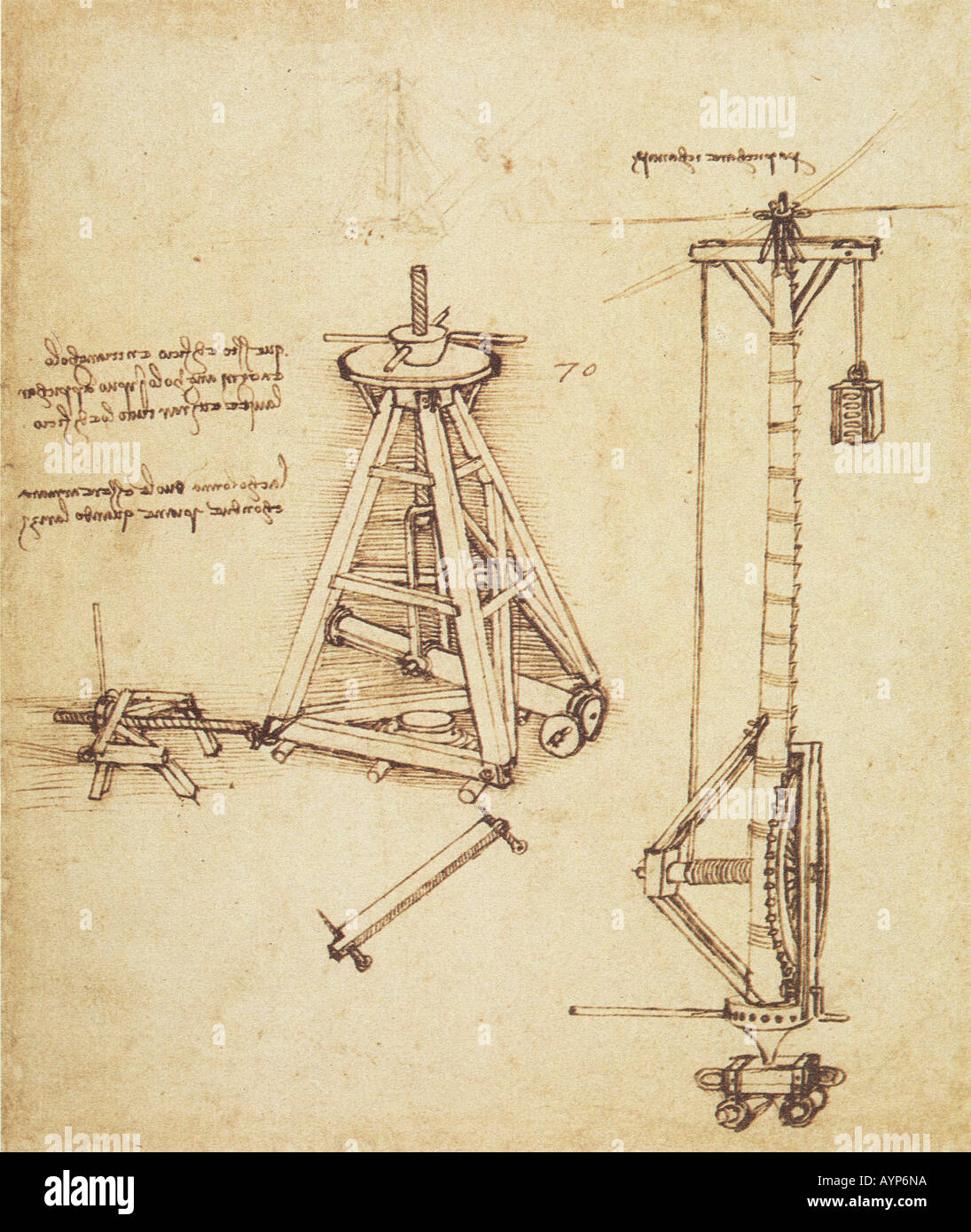 Designs of machines for lifting columns and heavy weights ca. 1480 by Leonardo da Vinci 1452-1519 pen and ink black chalk Stock Photo