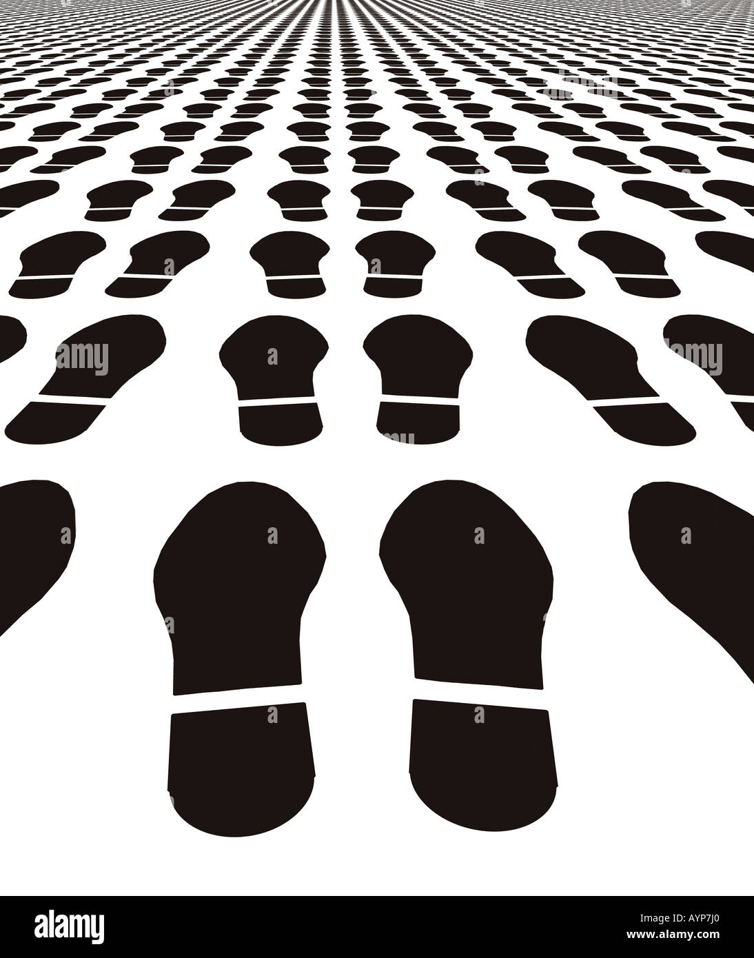 multiple shoe prints in silhouette tiled in converging pattern Stock Photo