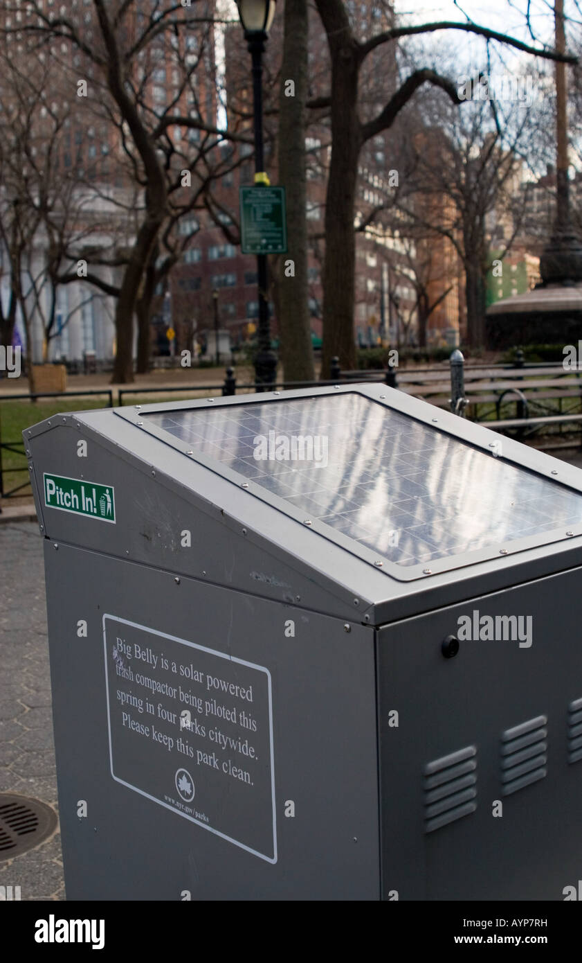 Big Belly solar powered trash compactor in Union Square Manhattan, New York USA Stock Photo