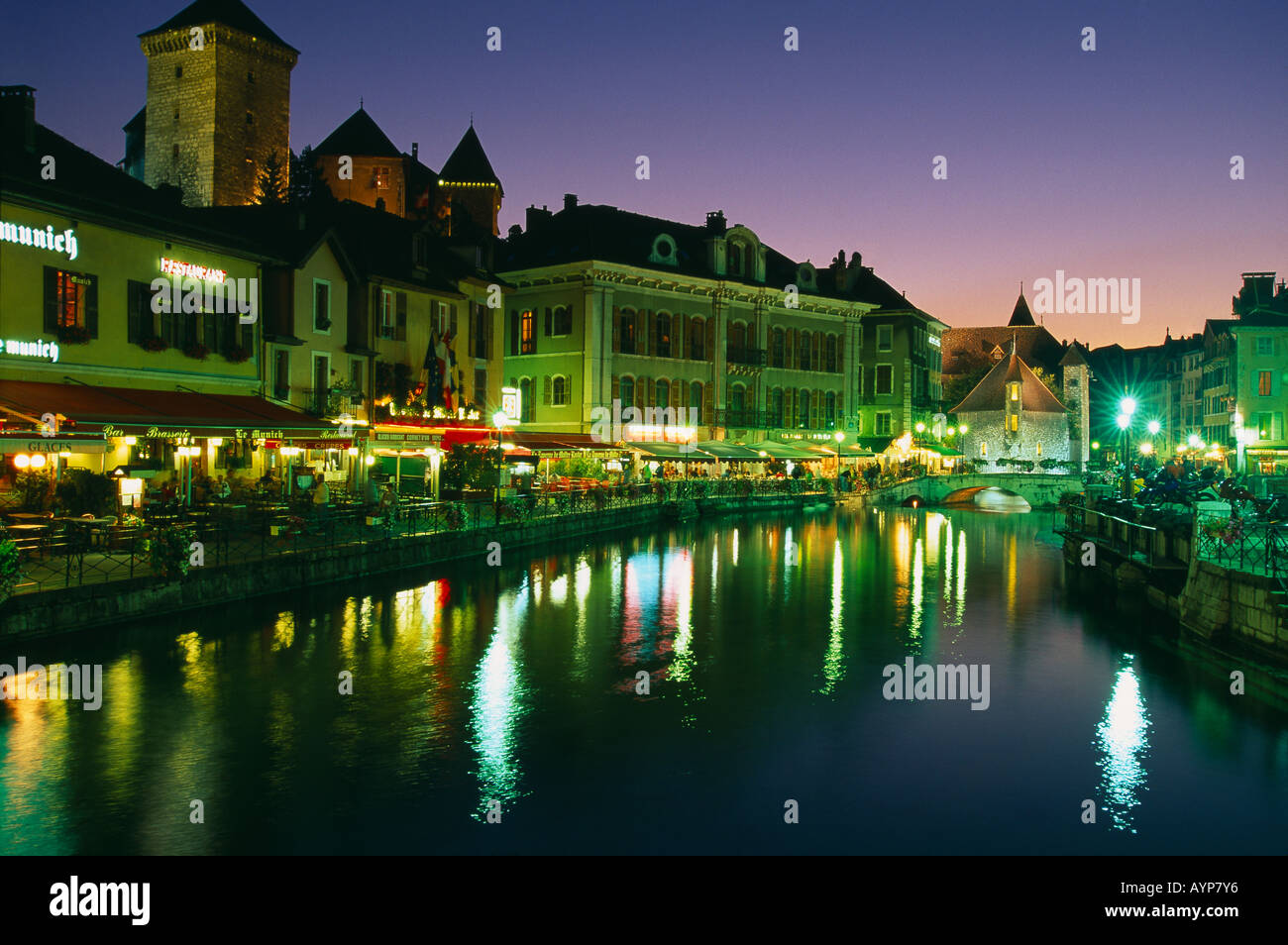 restaurants bars along the Thiou Canal at twilight Annecy Savoie France Stock Photo