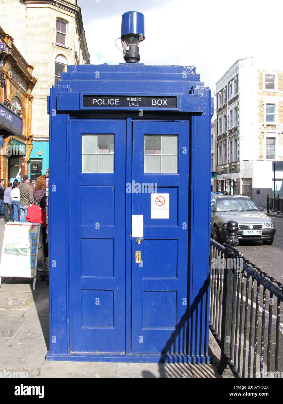 LONDON, UK. Old-fashioned blue police telephone box on the Earl's Court Road. Stock Photo