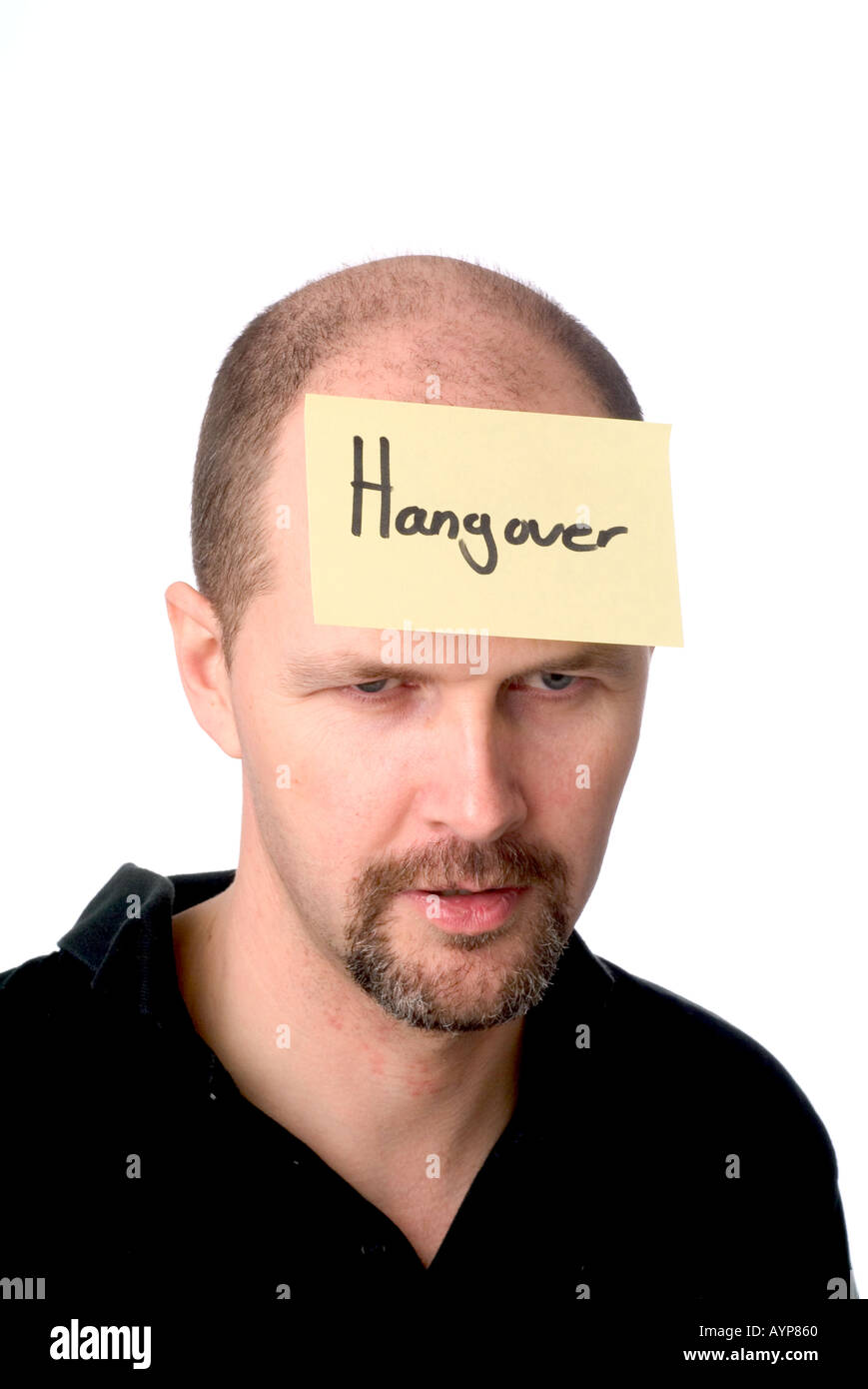 man with post it note on head illustrating head ache headache beer