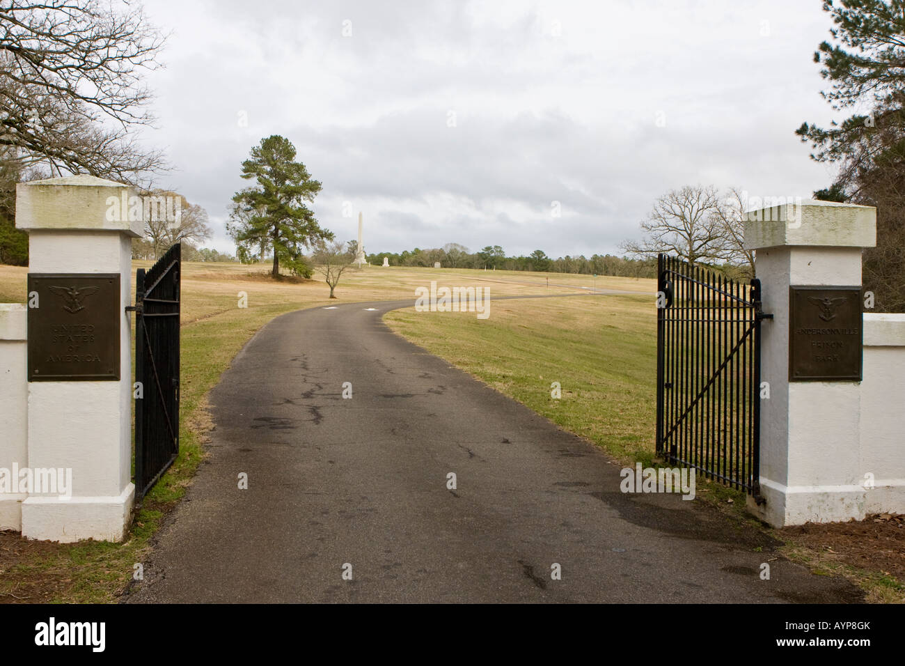 Entrance Gate and Driveway to the Andersonville Civil War Prison and National Military Cemetery Stock Photo