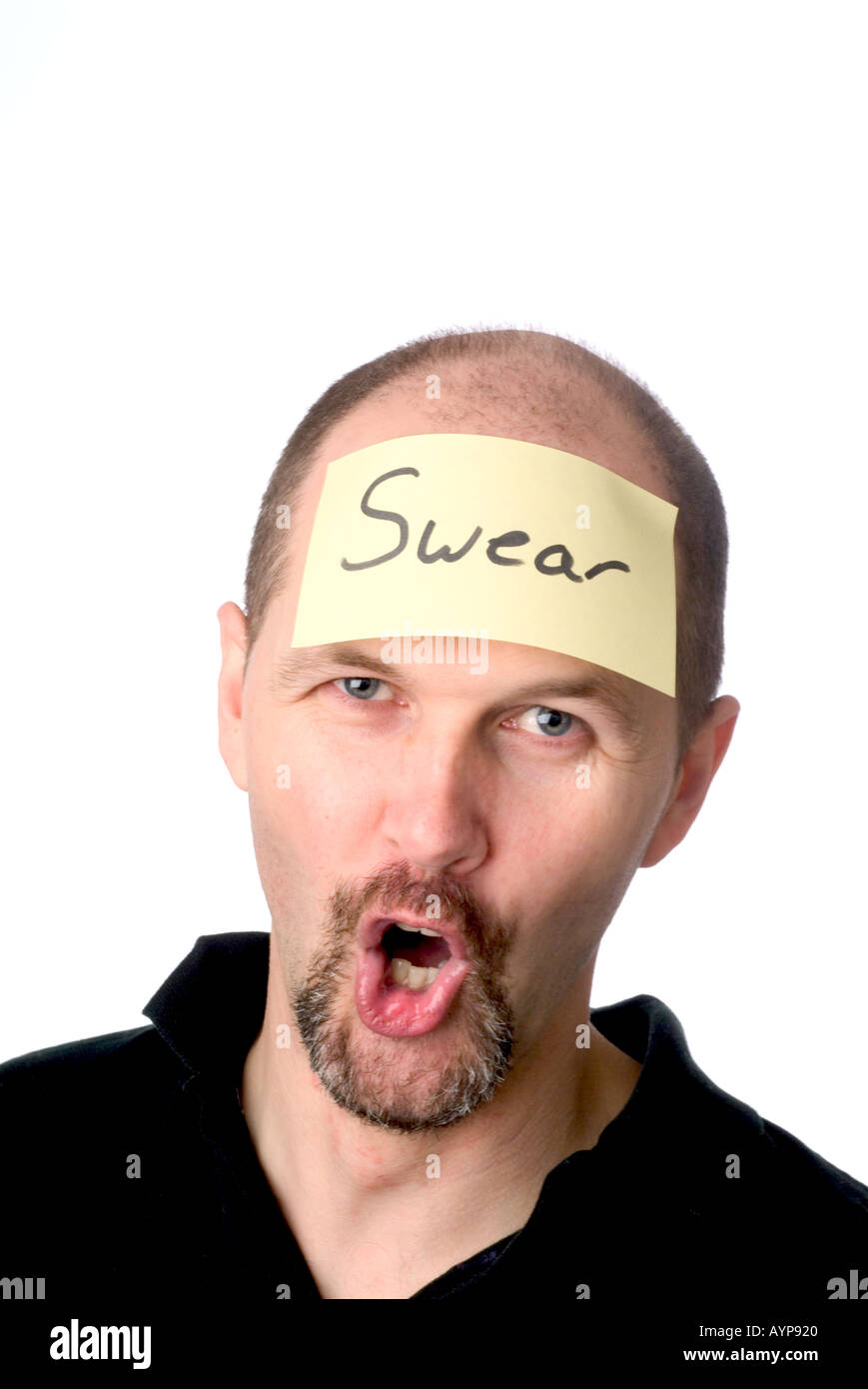 Man With Post It Note On Head Depicting Swearing Bad Language Stock
