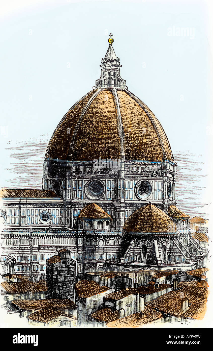 Brunelleschi dome of the Santa Maria del Fiore Cathedral in Florence Italy built in the 1400s. Hand-colored woodcut Stock Photo