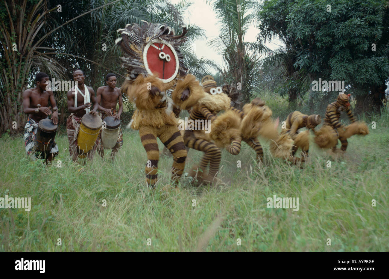 CONGO Central Africa Dance Bapende tribe animal masqueraders performing dance at initiation ceremony Stock Photo