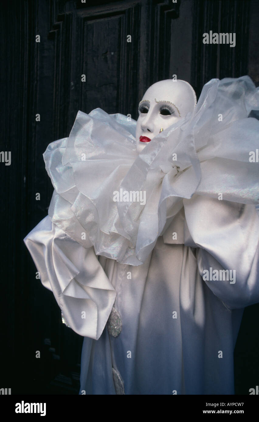 ITALY Veneto Venice Carnival masquerader wearing Pierrot costume Stock Photo