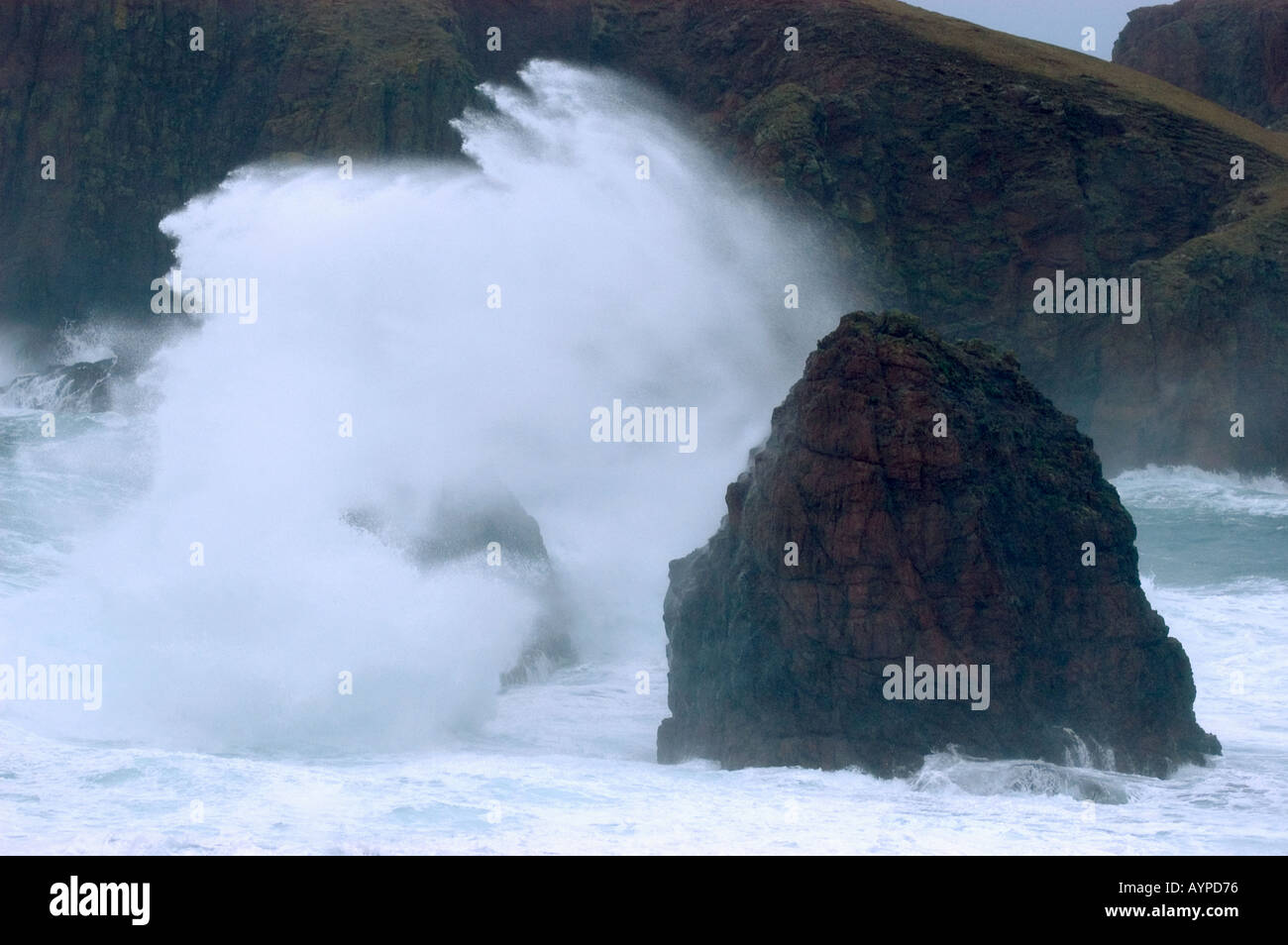 SHETLAND ISLANDS UK Winter storm crashes into sea stacks Muckle Roe Island SCOTLAND Stock Photo