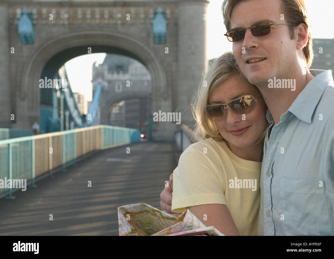 couple standing on tower bridge in london Stock Photo