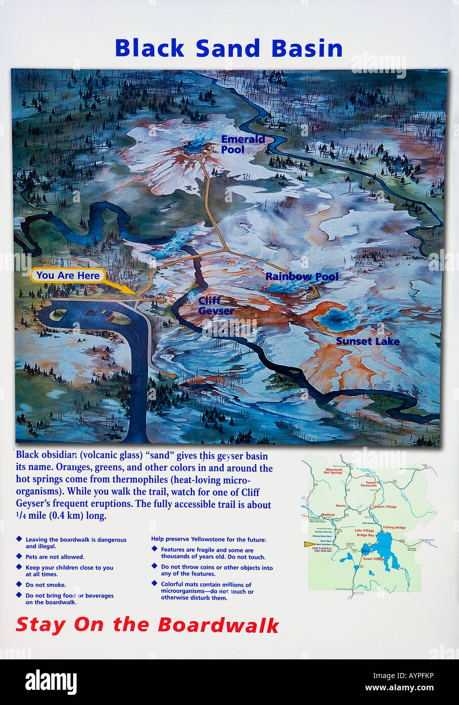 Stock Photo of the Detailed Map for Black Sand Basin in Yellowstone National Park. Stock Photo