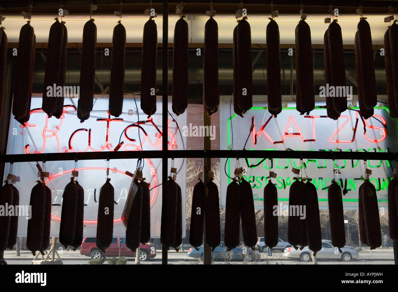 Hanging salami at Katz 's Deli lower east side New York City Stock