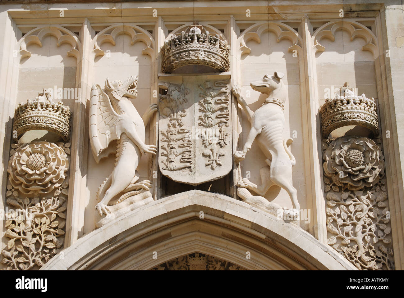 Stone carvings above door, King's College Chapel, King's College, Cambridge, Cambridgeshire, England, United Kingdom Stock Photo
