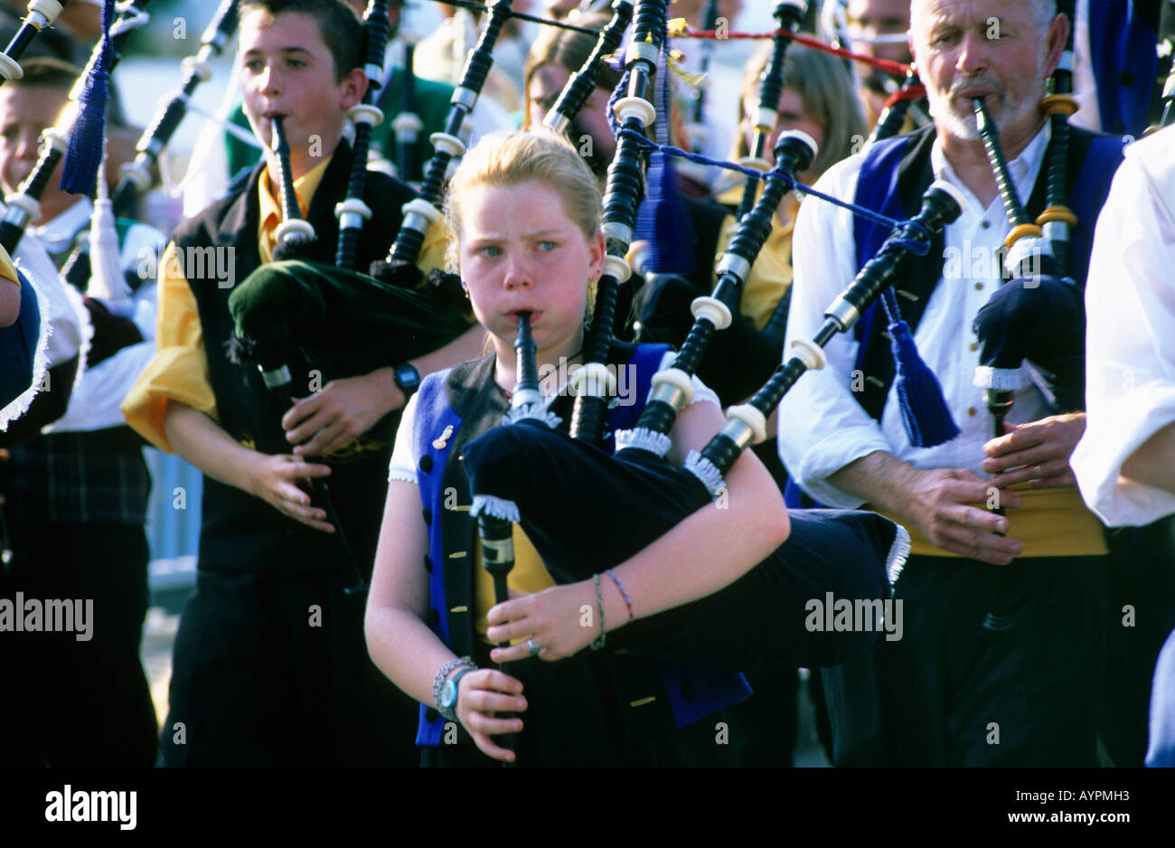 Bagpipe players at a festival in landerneau stock photo alamy