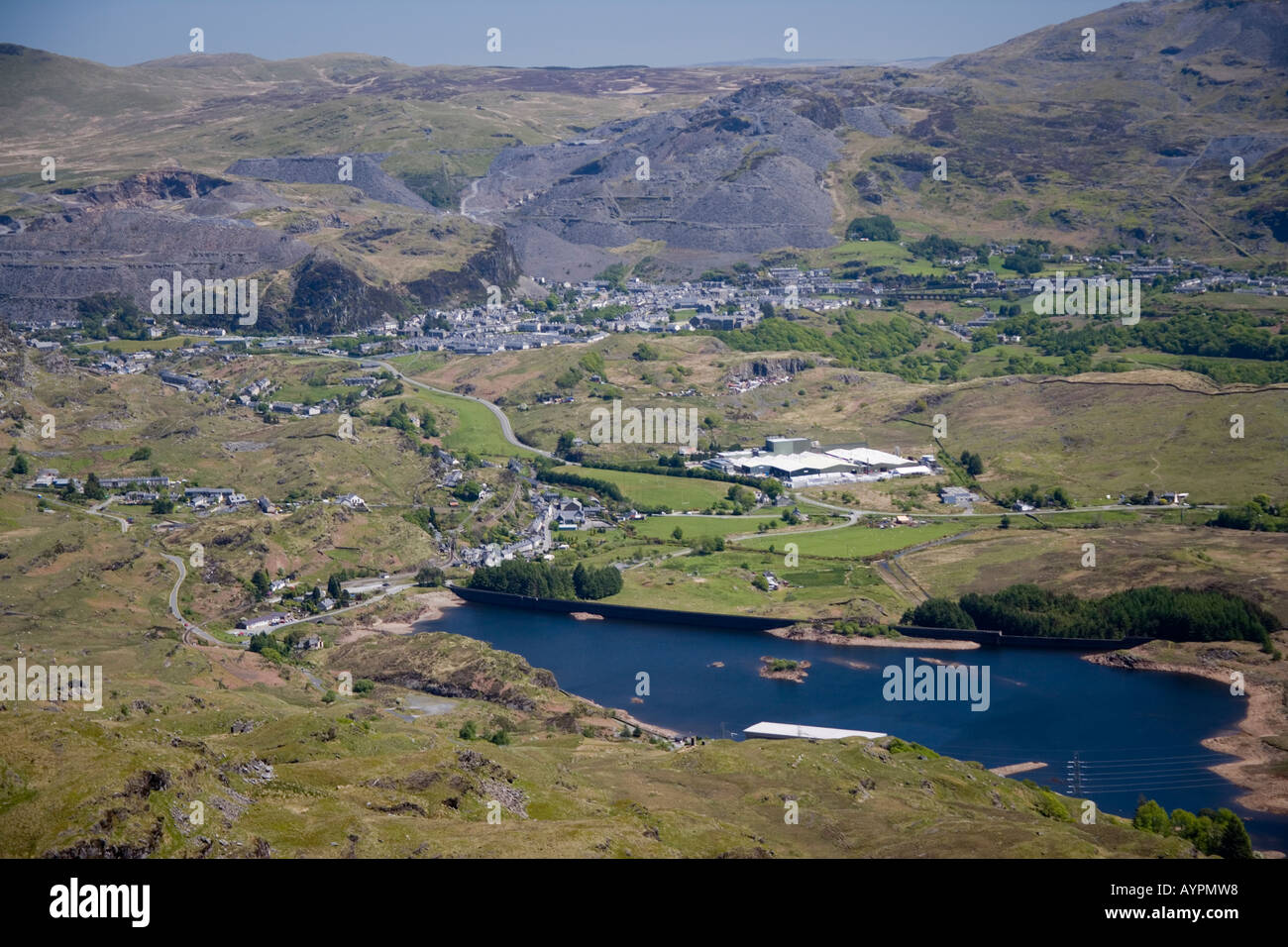 Blaenau Ffestiniog from Moelwyn Bach and the Tanygrisiau reservoir and hydro electric plant North Wales Stock Photo