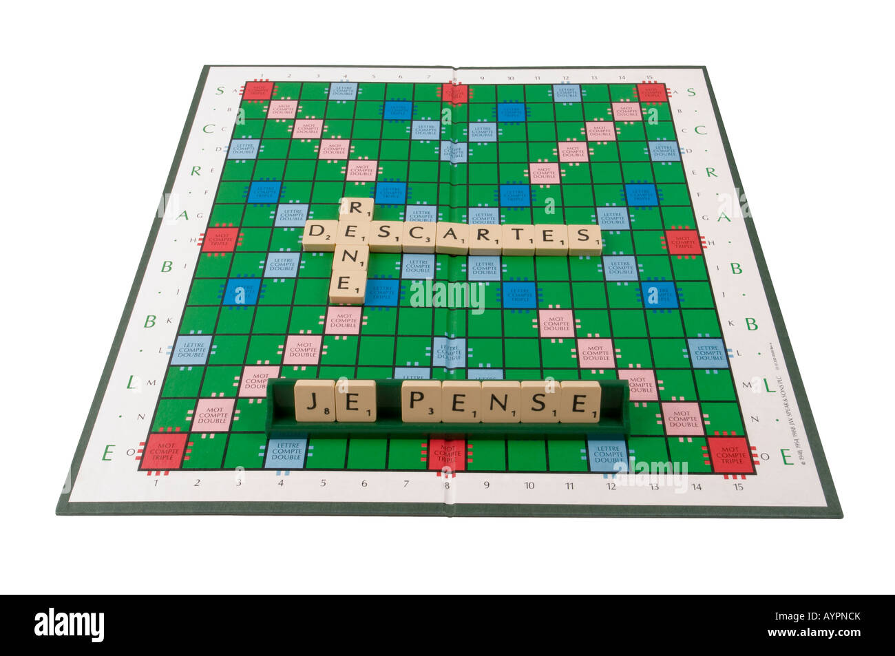 Réné Descartes - Je pense - Scrabble board. Stock Photo