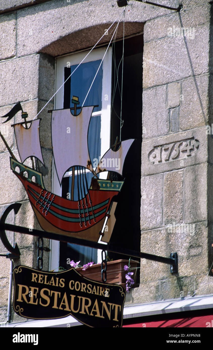 Detail of colourful restaurant sign at Roscoff Stock Photo