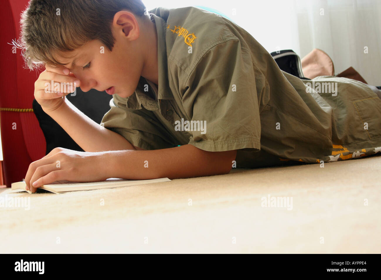 A young boy attentively reading his book Stock Photo