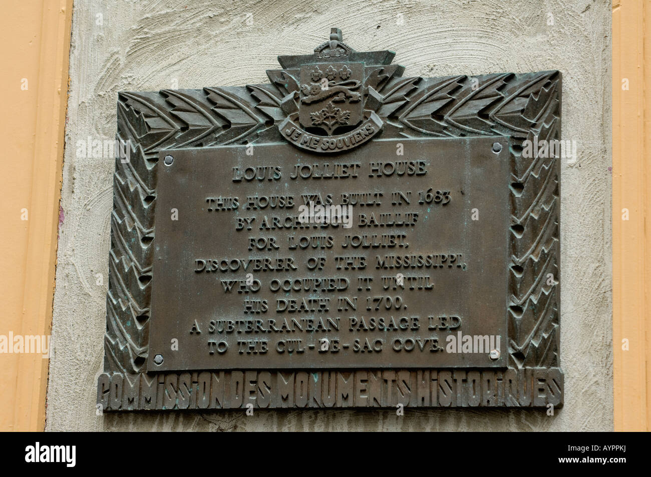 Memorial plaque in English at Louis Joliet home in old Quebec City. Digital photograph Stock Photo