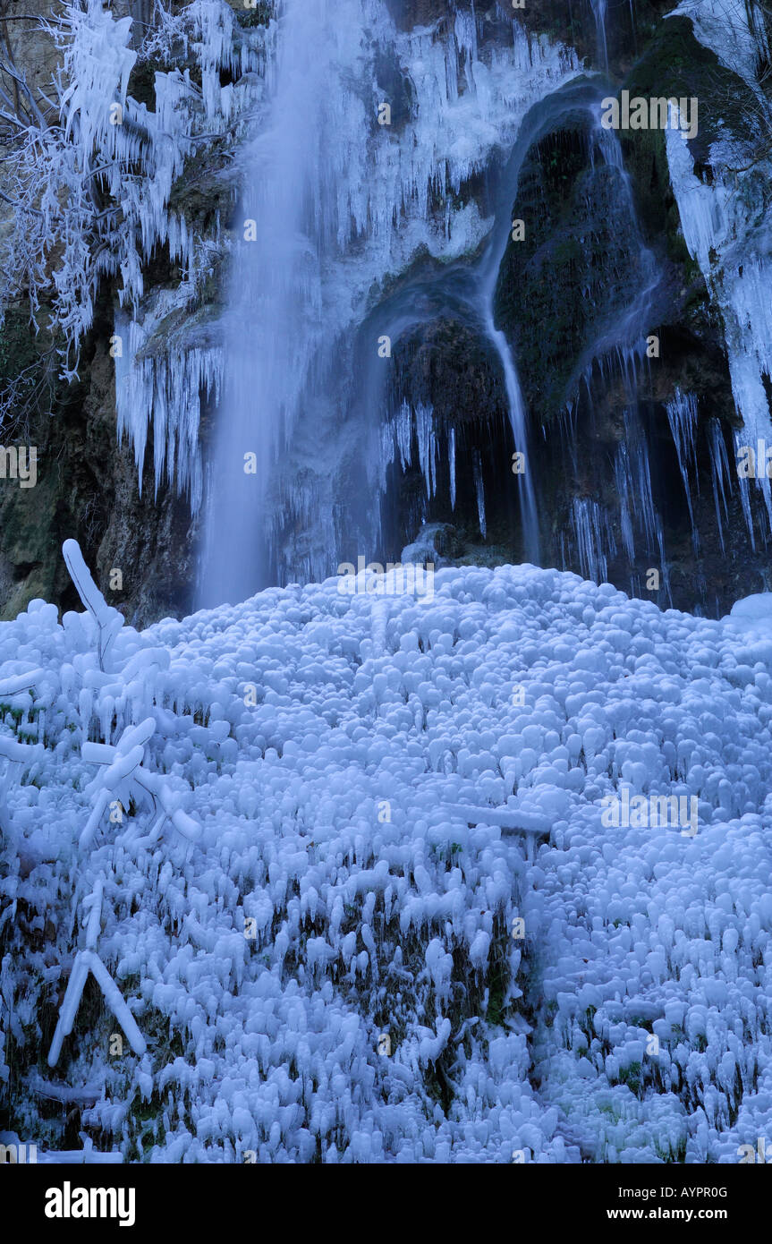 Ice formations, Urach Waterfall, Bad Urach, Schwaebische Alb, Baden-Wuerttemberg, Germany Stock Photo