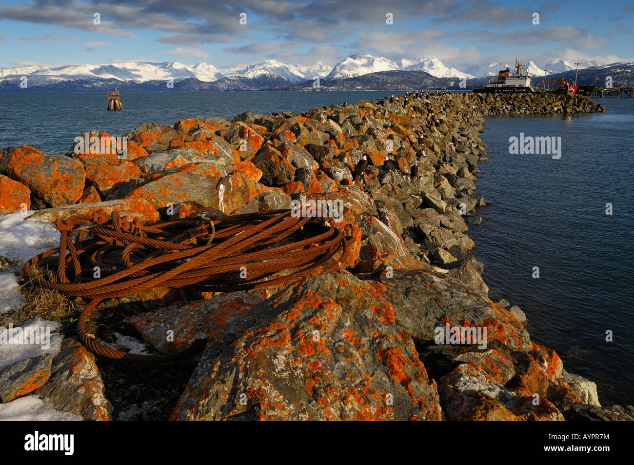Lichen-covered rocks used by eagles as a landing perch, Homer Harbour, Kenai Peninsula, Alaska, USA Stock Photo