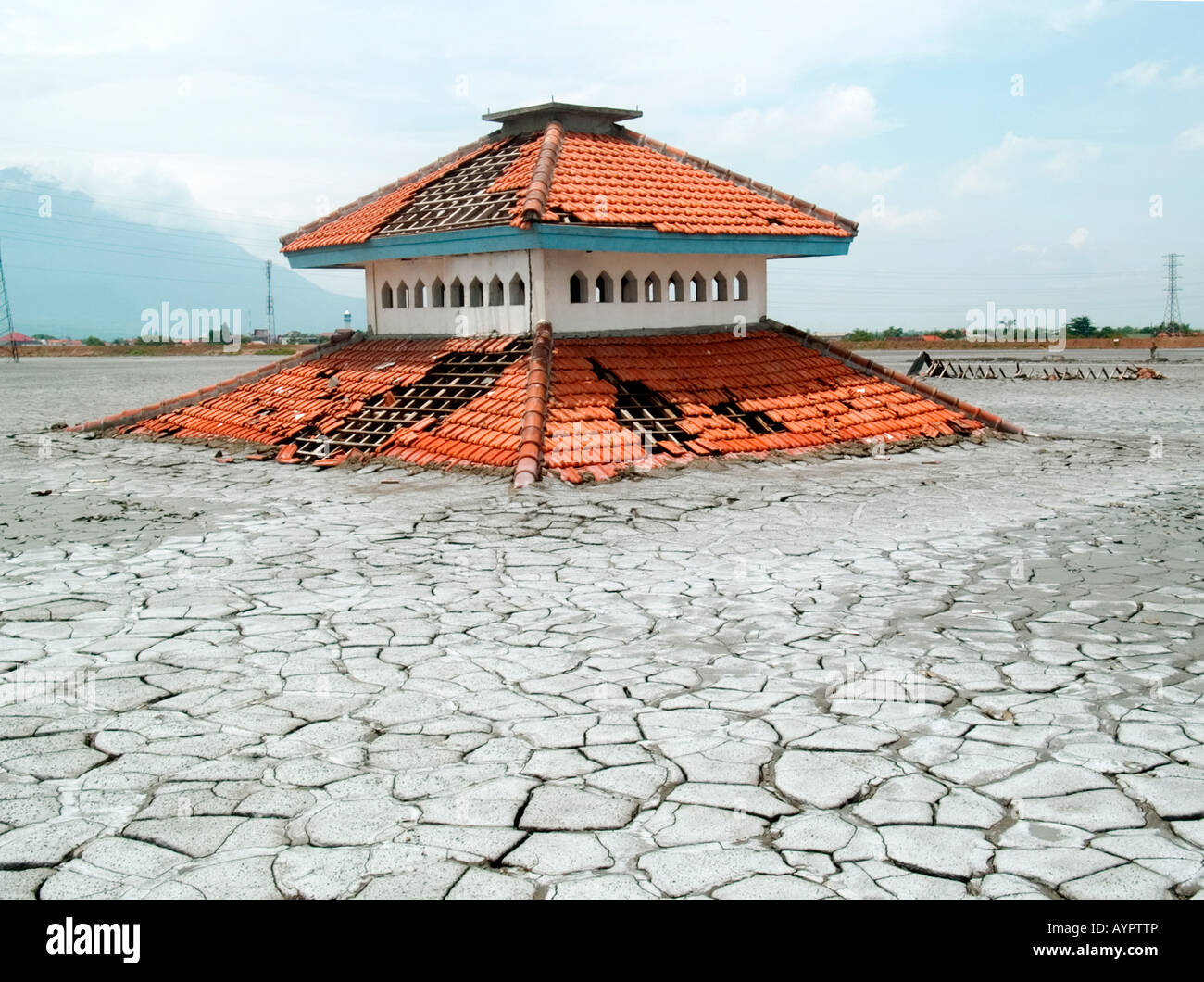 Top of mosque sticking out of the solidified mud,Sidoarjo,East Java,Indonesia. Stock Photo